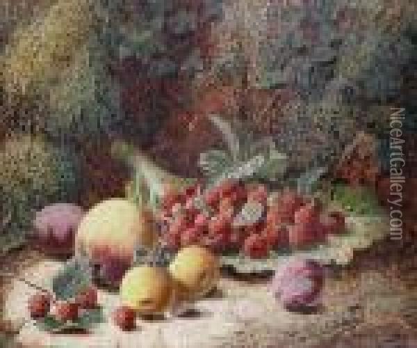 Raspberries, Plums And Other Fruit On A Mossy Bank Oil Painting - Oliver Clare