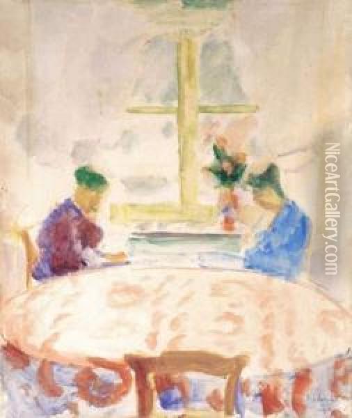 Twee Vrouwen In Een Interieur (ca. 1914) Oil Painting - Ferdinand Schirren