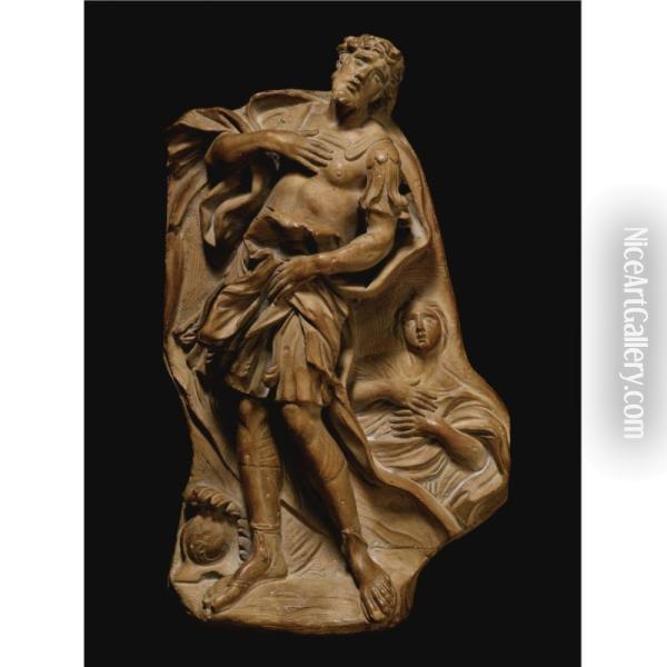 A Terracotta Relief Of St. Eustace Oil Painting - Melchiore Caffa Il Maltese