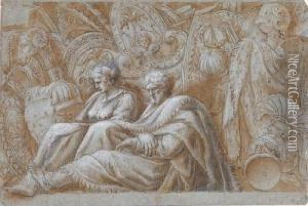 Design For A Decorative Frieze With Two Seated Figures Oil Painting - Polidoro Da Caravaggio (Caldara)