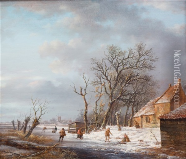 A Dutch Winter Landscape With Figures And Skaters Near A Farm Oil Painting - Andreas Schelfhout