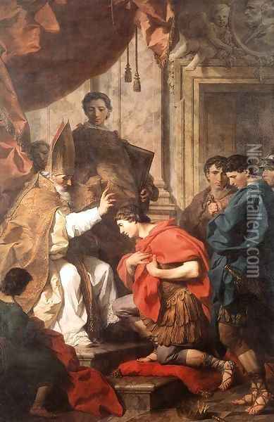 St Ambrose Converting Theodosius 2 Oil Painting - Pierre Subleyras