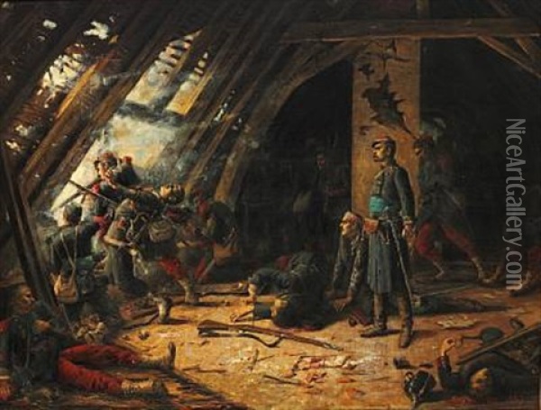War Scene (from The Franco-prussian War C.1870?) Oil Painting - Charles Merlette