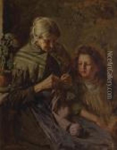 The Knitting Lesson Oil Painting - Arthur Hacker