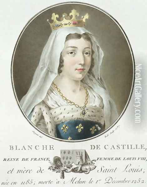 Portrait of Blanche de Castille 1185-1252 engraved by Ride, 1787 Oil Painting - Antoine Louis Francois Sergent-Marceau