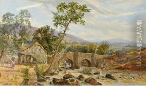 Extensive Landscape With A Fisherman On A River, Figures By A Millnearby Oil Painting - John Faulkner