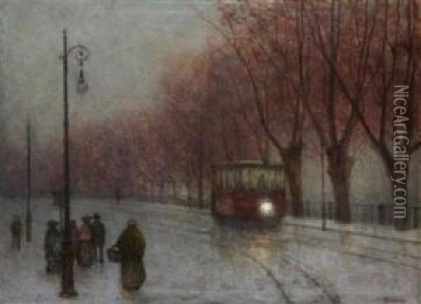 An Embankment With A Tram Oil Painting - Jakub Schikaneder
