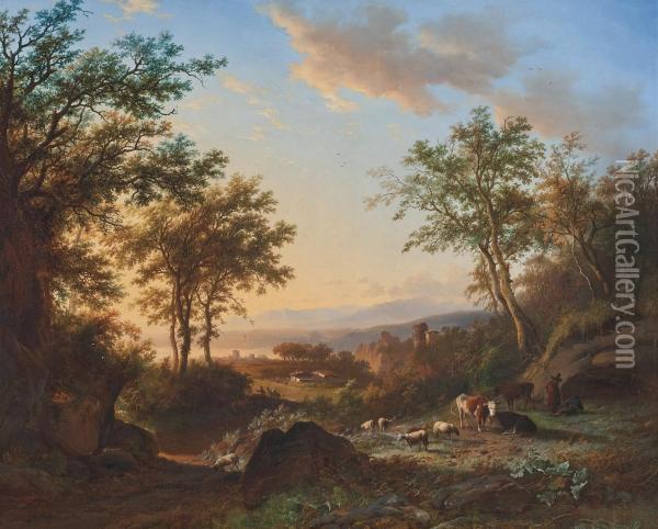 An Extensive Landscape With Cattle, Figures And A Ruin Oil Painting - Willem Bodemann