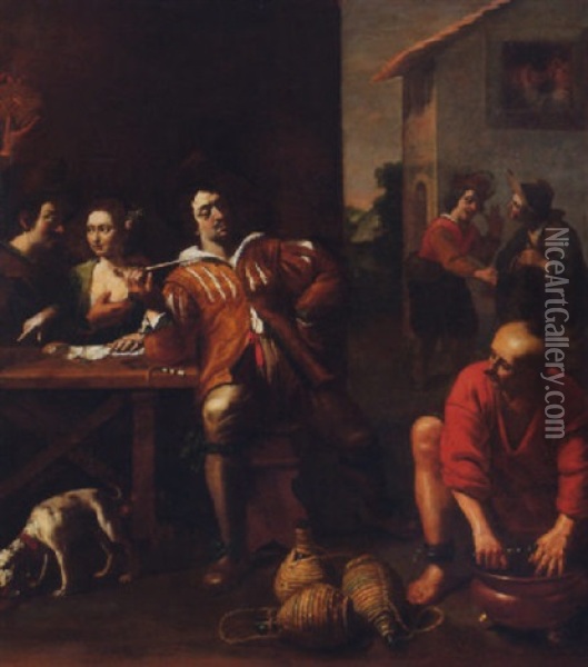 Figures Drinking, Smoking And Cavourting Outside A Brothel Oil Painting - Michelangelo Cerquozzi
