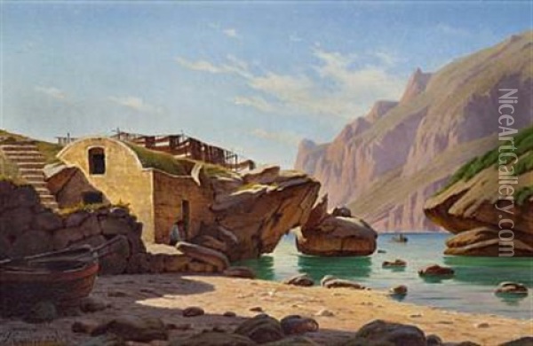 Rocky Coast With A Fisherman Drying His Fishing Nets, Capri Oil Painting - Harald Peter William Schumacher