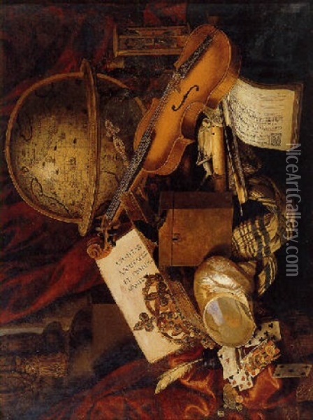 A Still Life With A Nautilus Shell, Playing Cards, A Crown, A Violin, A Globe And Other Objects Resting On A Draped Table Oil Painting - Christiaan Luycks