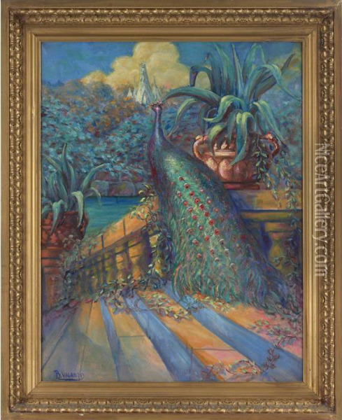 Peacock On Steps Oil Painting - George Luks