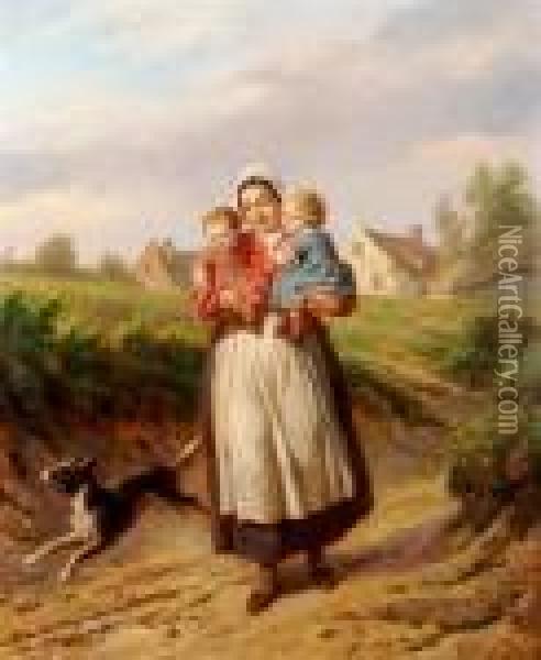 Mother And Children On Path Oil Painting - Henri Jozef Dillens