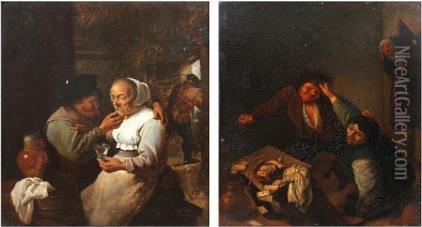 Couple Seated In An Inn, Together With Anotherof An Upset Card Game Oil Painting - David The Younger Teniers