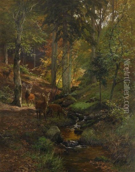 Hjortar I Skogslandskap Oil Painting - Heinrich Boehmer