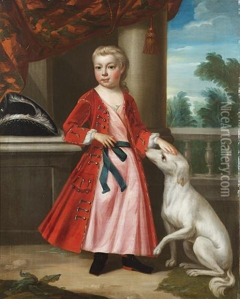 Portrait Of A Boy, Standing Full-length, In A Red Coat, Leaning On A Stone Plinth And Petting A Dog, A Landscape Beyond Oil Painting - Thomas Gibson