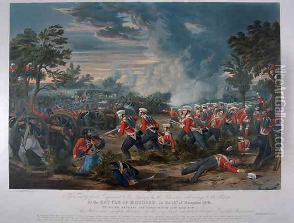 The 31st Regiment, Sir Harry Smiths Division advancing to the charge at the Battle of Moodkee 18th December 1845, published by Rudolph Ackermann, 18th June 1848 Oil Painting - Major G.F. White