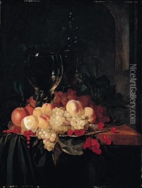 Still Life Of A Roemer And A Wine Glass Together With Cherries, Peaches, Grapes, Redcurrants, Oranges And A Lemon, Arranged On A Silver Plate On A Wooden Ledge Draped With A Green Cloth Oil Painting - Jacobus van der Hagen