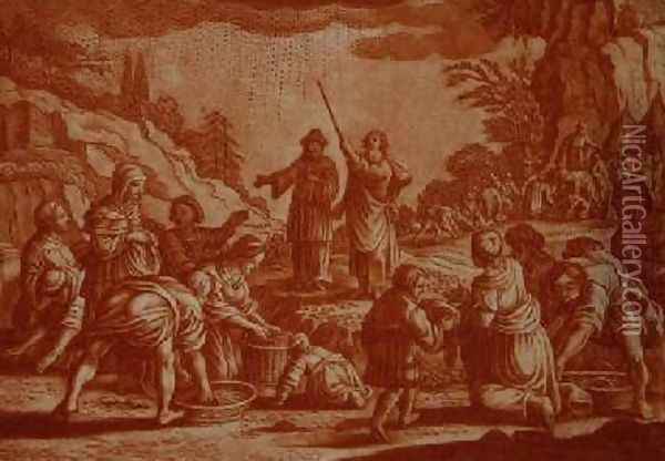 The Israelites Gathering Manna illustration from a Bible Oil Painting - Matthaus, the Younger Merian