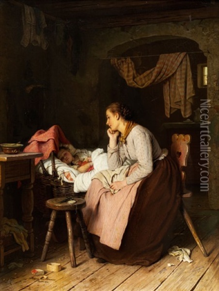 Am Kinderbettchen Oil Painting - Johann Georg Meyer von Bremen