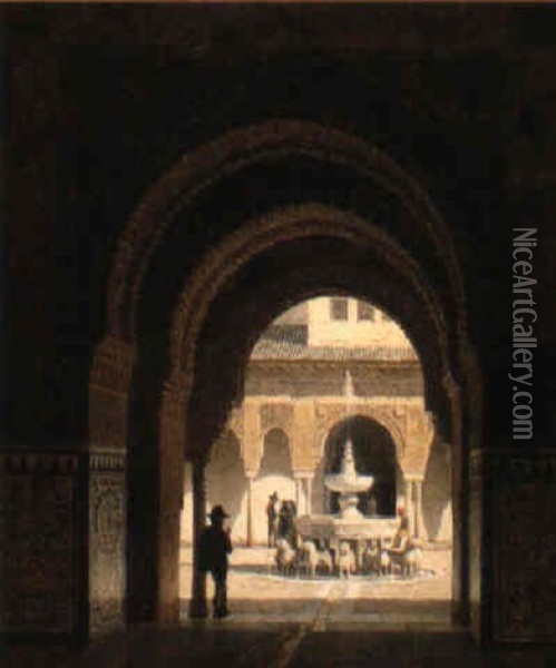 Figures In The Courtyard Of A Moorish Buildig Oil Painting - Heinrich Hansen