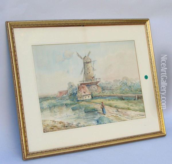 Landscape With A Woman Walking Toward A Windmill Oil Painting - Louis Kinney Harlow