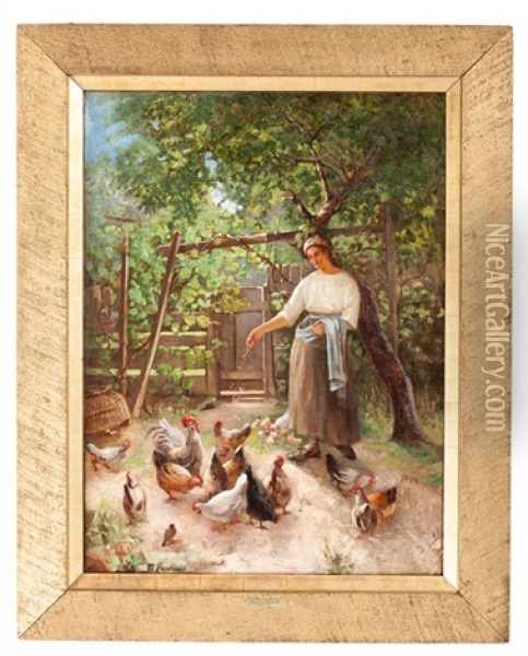 Woman Feeding Chickens Oil Painting - Margaret Rudisill