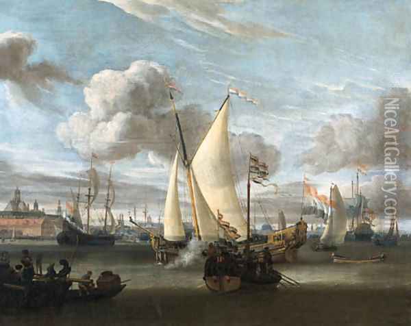 Shipping in the Harbour of Amsterdam with a Dutch East India Company yacht and a state barge in the foreground Oil Painting - Abraham Storck