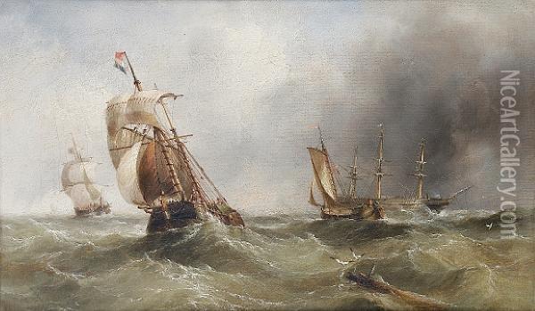 A Dutch Hoy And Other Vessels In
 A Heavy Swellwith An Anchored Three-masted Merchantman Beyond Oil Painting - Henry Redmore