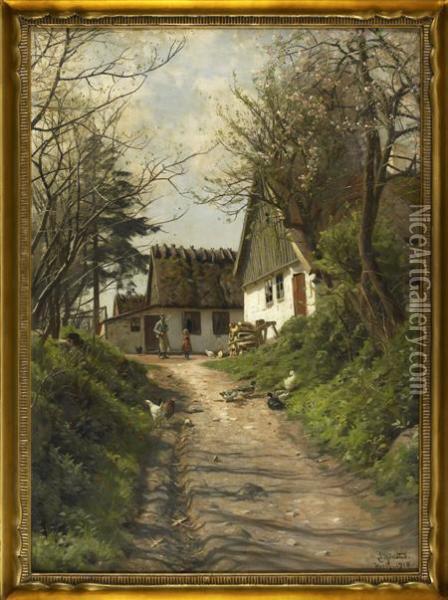 Helping Grandfather Oil Painting - Peder Mork Monsted