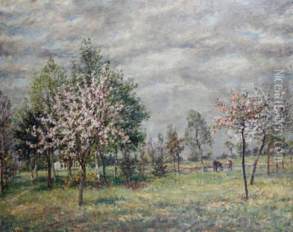 Cattle Watering By Cherry Trees Oil Painting - William Mark Fisher