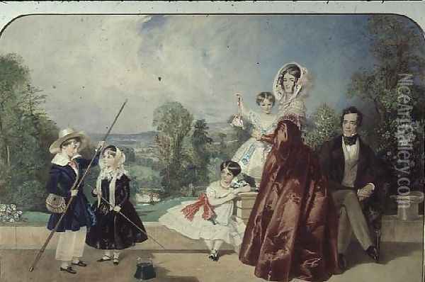 Mr. and Mrs. George Knott, with four children, on the Terrace of Bohun Lodge, New Barnet Oil Painting - Alfred-Edward Chalon