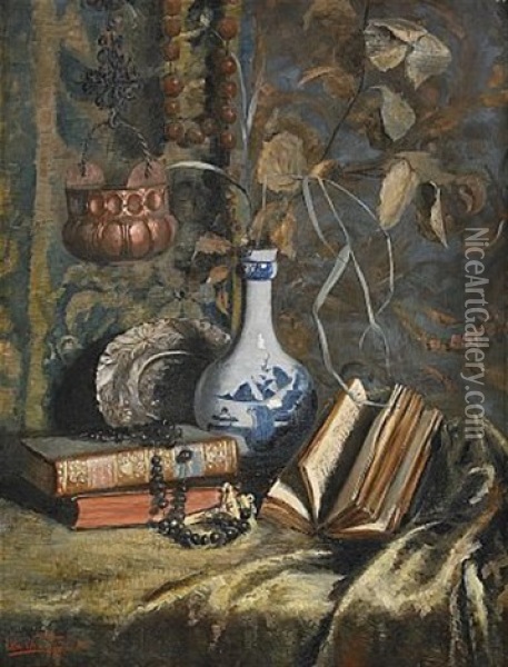 Stilleben Med Bocker Och Kinesisk Vas Oil Painting - Lily Christie
