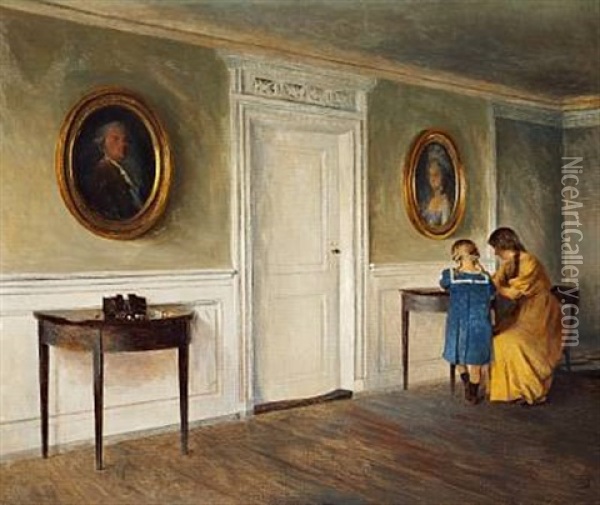 Interior From Liselund With The Artist's Daughters Reading Oil Painting - Peter Vilhelm Ilsted