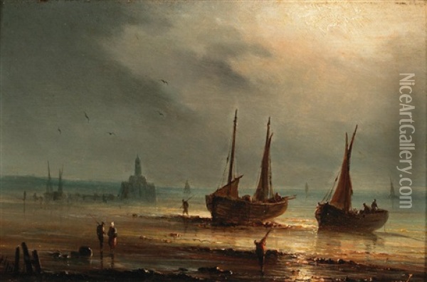 Coastal Scene In The Moonlight Oil Painting - Henriette Gudin