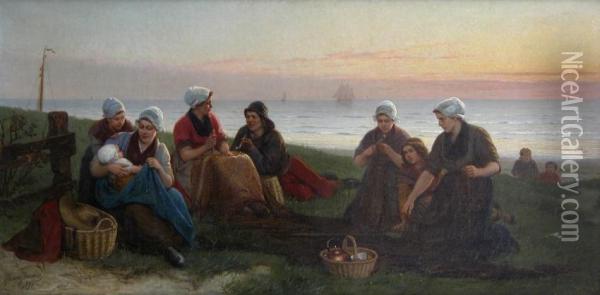 De Nettenmaaksters Op Het Strand Met Zeilschepen Op De Achtergrond Oil Painting - Henri Jacques Bource