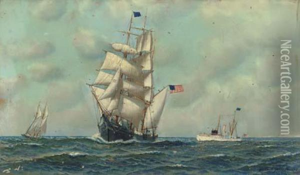 The Bark Onaway With A Pilot Boat And A Fishing Schooner Oil Painting - Antonio Nicolo Gasparo Jacobsen