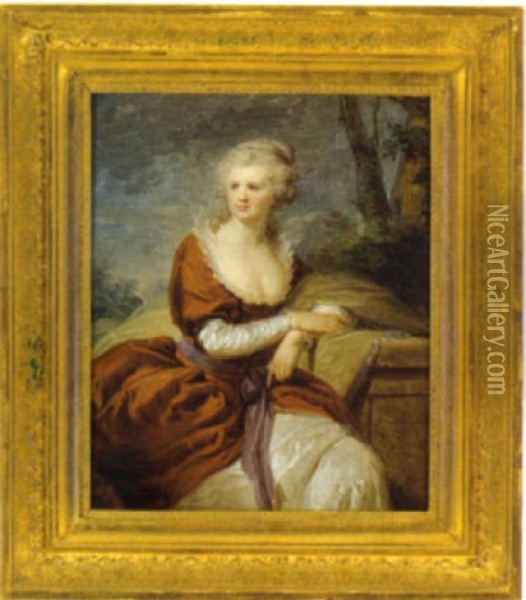 Bildnis Einer Dame In Rotem Kleid Mit Weisem Unterkleid Und Weisem Spitzendekollete Oil Painting - Johann Baptist Lampi the Elder
