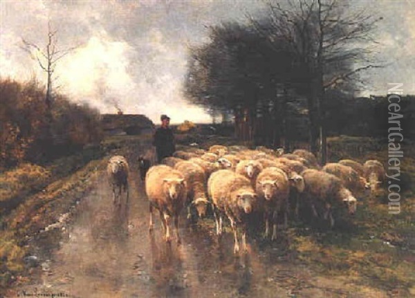 A Shepherd And His Flock Oil Painting - Cornelis van Leemputten