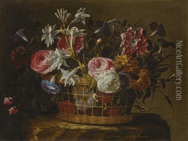 Still Life Of Roses, Lilies, Morning Glories And Other Flowers In A Basket On A Stone Pedestal Oil Painting - Juan De Arellano