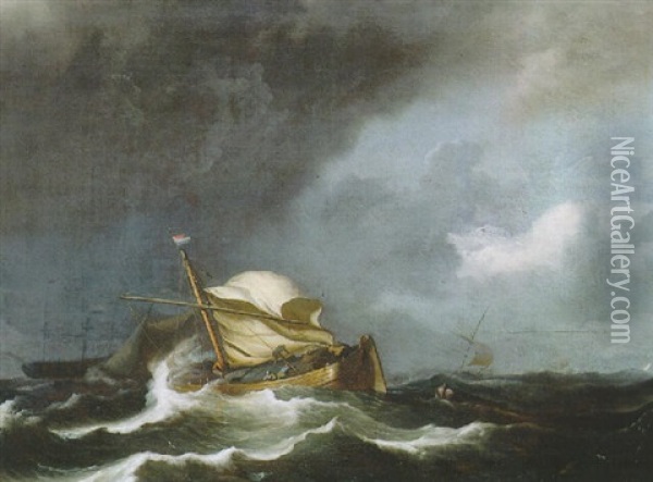 A Wijdschip, Sails Reefed, As A Storm Approaches Oil Painting - Ludolf Backhuysen the Elder