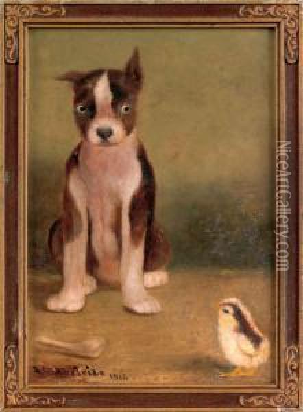 A Dog And Chick Watchful Waiting Oil Painting - Ben Austrian