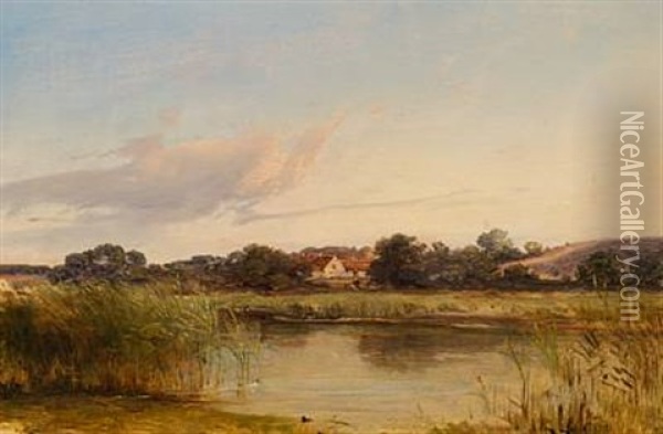 View Of A Lake, In The Background A House With A Thatched Roof Oil Painting - Vilhelm Peter Carl Petersen
