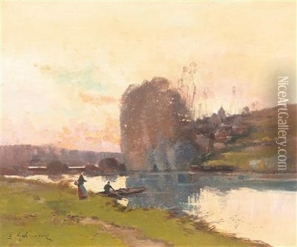 Riverbank At Sunset With Decorative Figures Oil Painting - Eugene Galien-Laloue