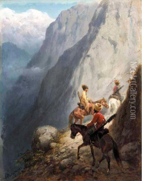 Mounted Cossacks In The Mountains Oil Painting - Konstantin Nikolaevich Filipov