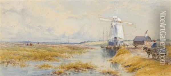 Windmill In An Extensive River Landscape Oil Painting - Thomas James Soper