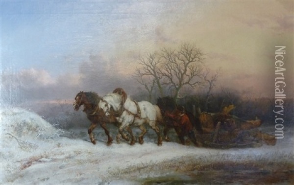 A Winter Landscape With A Horse Drawn Timber Sledge Oil Painting - Alexis de Leeuw
