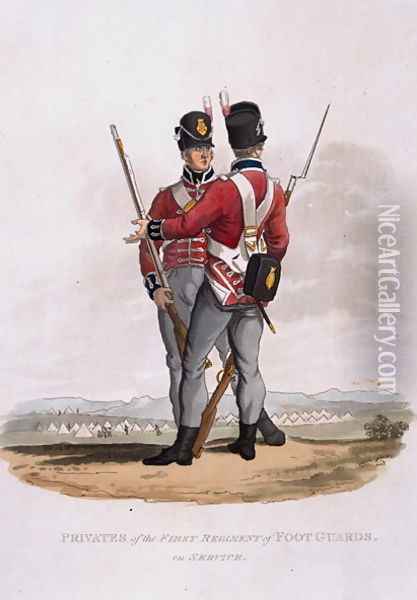 Privates of the First Regiment of Foot Guards on Service, from Costumes of the Army of the British Empire, according to the last regulations 1812, engraved by J.C. Stadler, published by Colnaghi and Co. 1812-15 Oil Painting - Charles Hamilton Smith