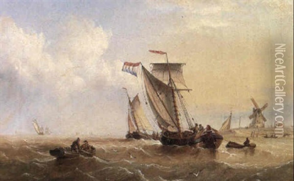 Dutch Barges Off A Lowland Coast Oil Painting - Henry Redmore