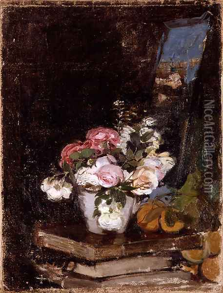 Flores y libros (Flowers and books) Oil Painting - Ignacio Pinazo Camarlench